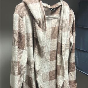 Cozy Plaid Hooded Sweater/Cardigan - Cream and Brown